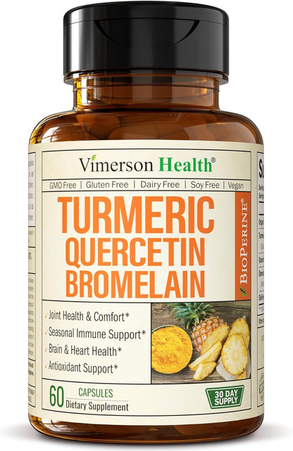 Quercetin with Bromelain & Turmeric Curcumin - Bromelain Supplement with Black Pepper. Immune & Joint Support Supplement - Bioperine & 700Mg Organic Tumeric for Allergy & Inflammation Balance. 60 Caps