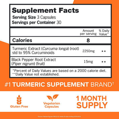 Qunol Turmeric Curcumin with Black Pepper, 2250Mg Turmeric Extract with 95% Curcuminoids, Extra Strength Turmeric Supplement, Enhanced Absorption, Joint Support Supplement, 90 Vegetarian Capsules