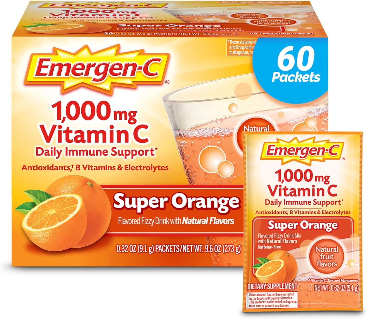 Emergen-C 1000Mg Vitamin C Powder, with Antioxidants, B Vitamins and Electrolytes, Vitamin C Supplements for Immune Support, Caffeine Free Fizzy Drink Mix, Tangerine Flavor