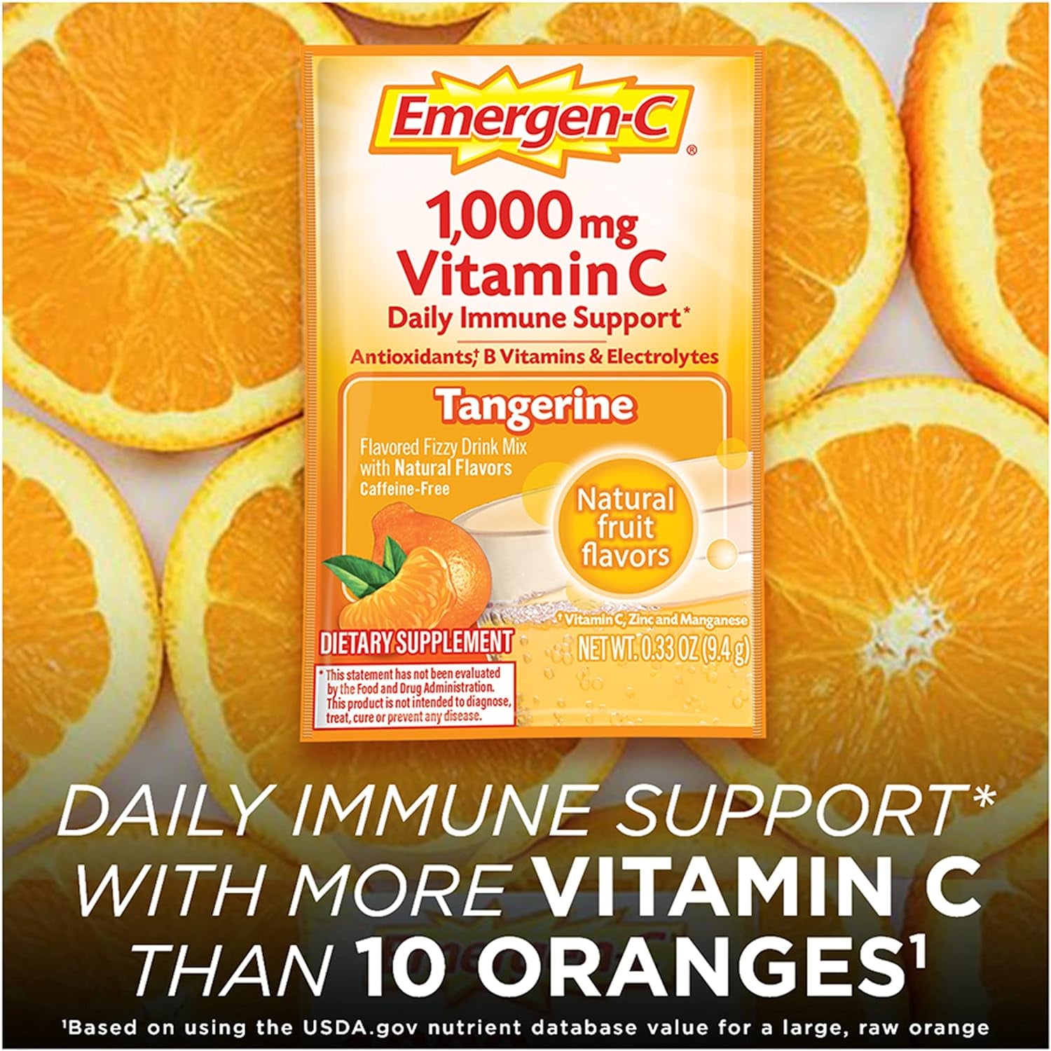 Emergen-C 1000Mg Vitamin C Powder, with Antioxidants, B Vitamins and Electrolytes, Vitamin C Supplements for Immune Support, Caffeine Free Fizzy Drink Mix, Tangerine Flavor