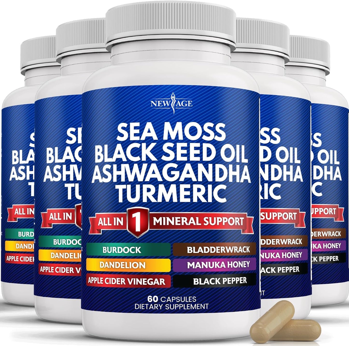 Silica Sea Moss 3000Mg Black Seed Oil 2000Mg Ashwagandha 1000Mg Turmeric 1000Mg Bladderwrack 1000Mg Burdock 1000Mg- with Manuka, Honey Dandelion, ACV Black Pepper Gluten Free