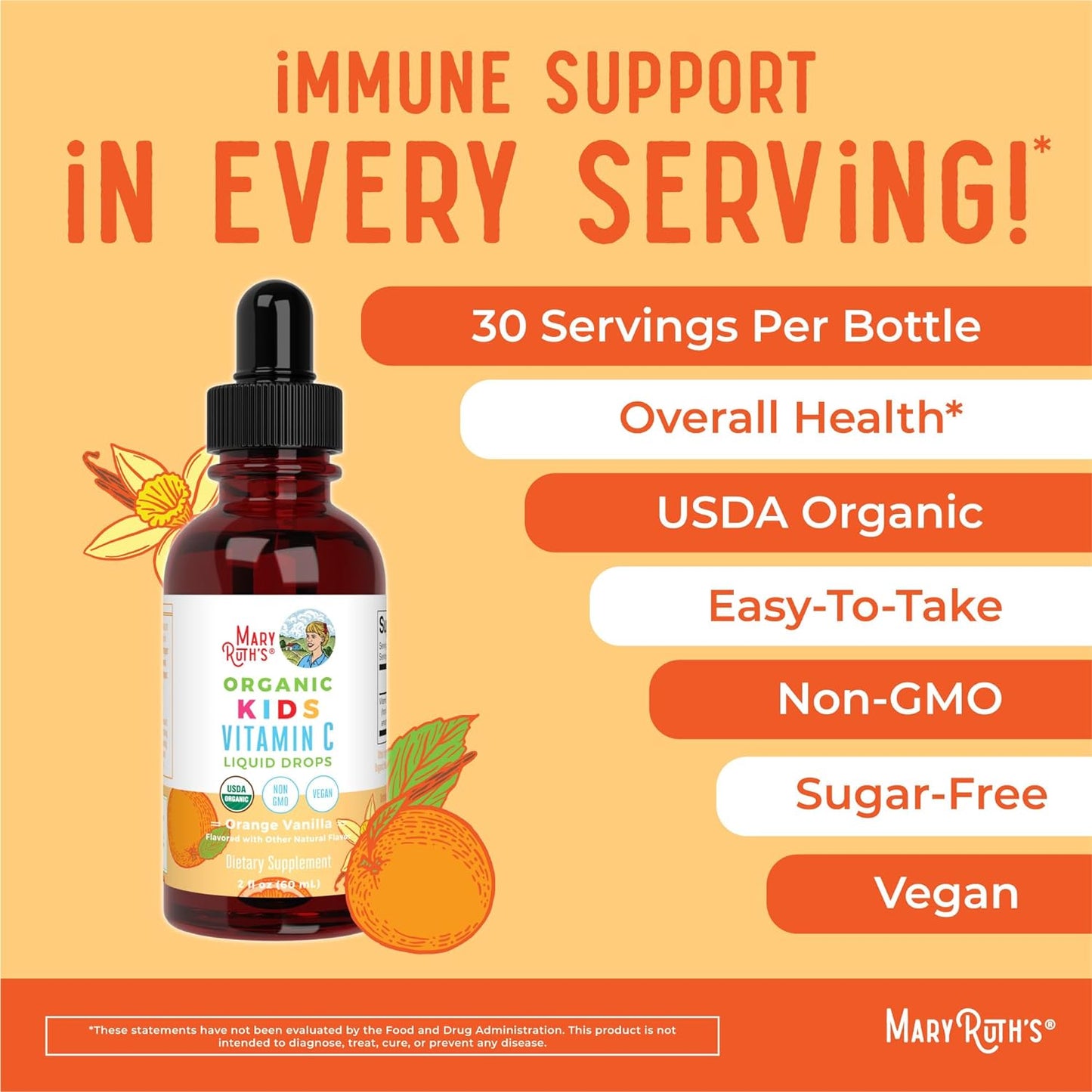 USDA Organic Kids Vitamin C Drops by Maryruth’S | Vegan Vitamin C Immune Support Supplement for Ages 4-13 | Immune Support & Overall Health | Vitamin C from Organic Acerola Fruit Extract | 2Oz