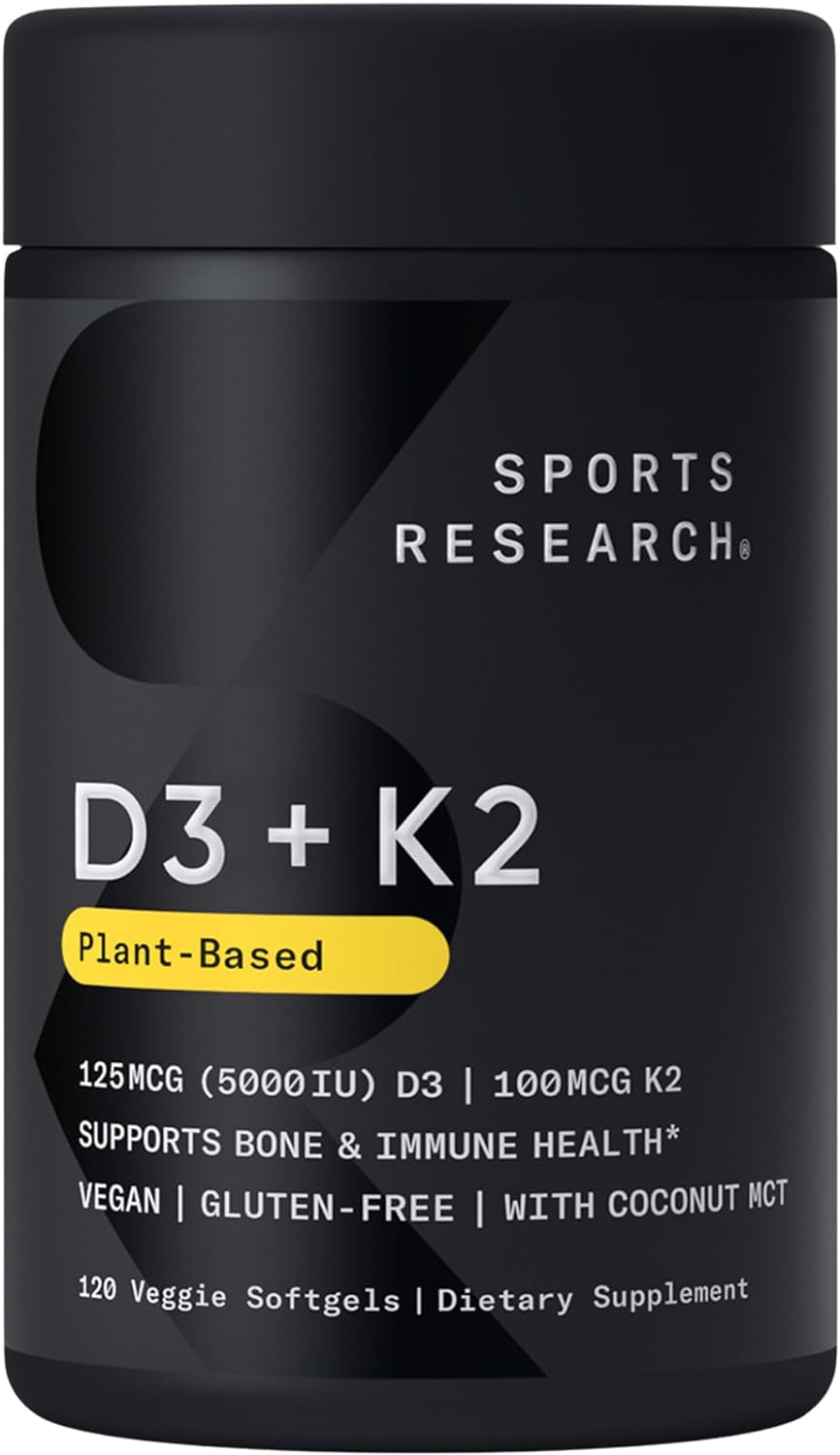 Sports Research Vitamin D3 K2 with Coconut Oil | Plant Based Vitamin K2 MK7 + Vegan D3 5000Iu | Vegan Certified, Soy & Gluten Free - 60 Count Softgels