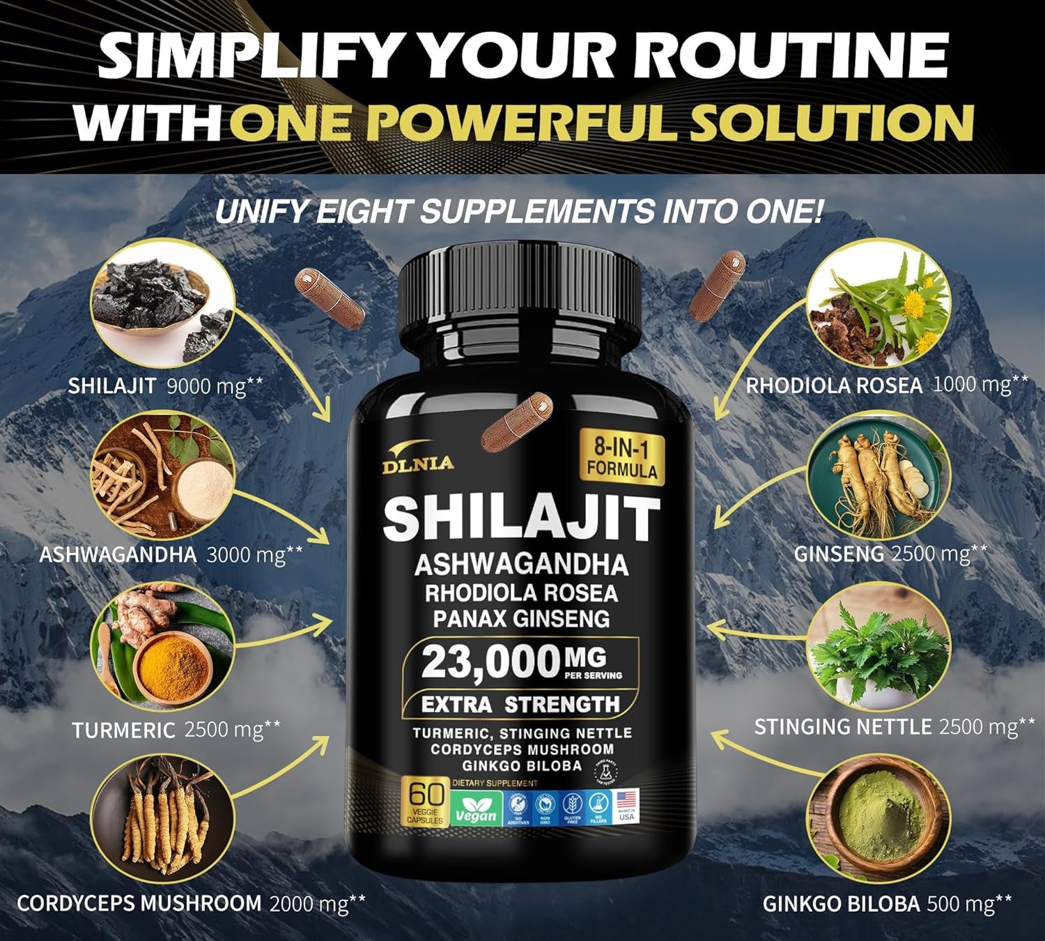 8-In-1 Shilajit Pure Himalayan Organic Supplement 9000MG with Rhodiola Rosea 1000MG, Ashwagandha 2000MG, Ginseng, Gingko Biloba, Turmeric, Cordyceps Mushroom, Stinging Nettle for Full Body Power