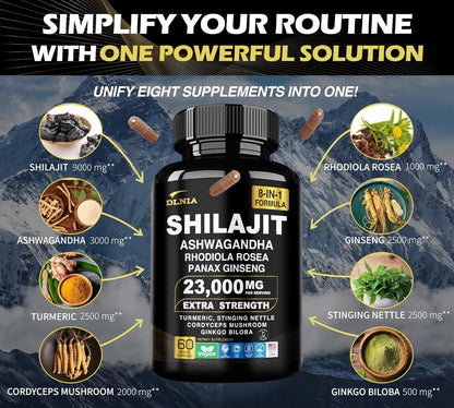 8-In-1 Shilajit Pure Himalayan Organic Supplement 9000MG with Rhodiola Rosea 1000MG, Ashwagandha 2000MG, Ginseng, Gingko Biloba, Turmeric, Cordyceps Mushroom, Stinging Nettle for Full Body Power