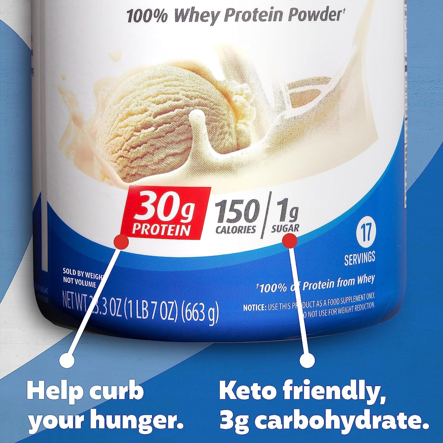 Premier Protein Powder, Vanilla Milkshake, 30G Protein, 1G Sugar, 100% Whey Protein, Keto Friendly, No Soy Ingredients, Gluten Free, 17 Servings, 23.3 Ounces