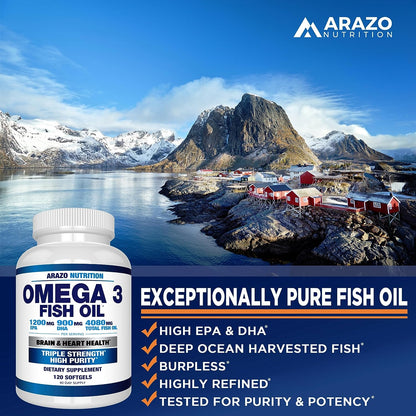 Arazo Nutrition Wild Caught Omega 3 Fish Oil – 120 Soft Gels – 4,080Mg High EPA 1200Mg DHA 900Mg Lemon Flavor Burpless Softgels