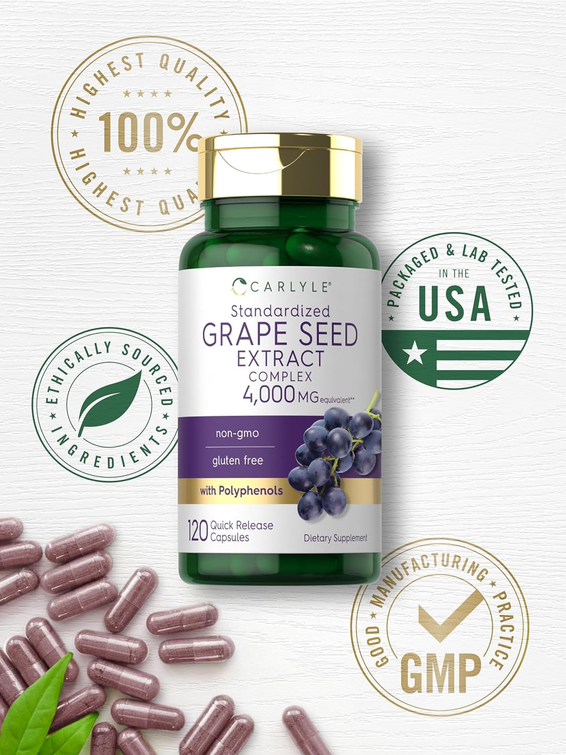 Carlyle Grape Seed Extract 4,000Mg | 120 Quick Release Capsules | Standardized Extract Complex with Polyphenols | Non-Gmo, Gluten Free Supplement