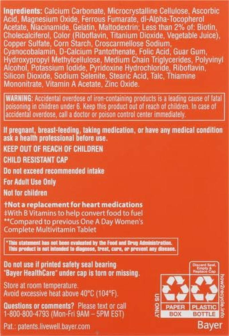 One a Day Women’s Multivitamin, Supplement with Vitamin A, Vitamin C, Vitamin D, Vitamin E and Zinc for Immune Health Support, B12, Biotin, Calcium & More, Tablet, 100 Count