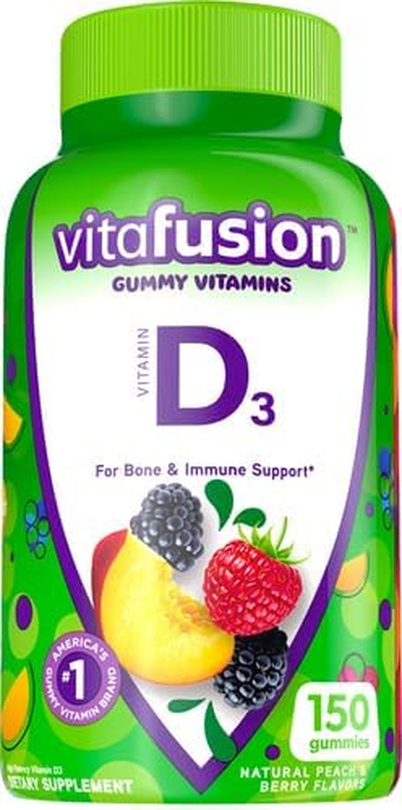 Vitafusion Vitamin D3 Gummy Vitamins for Bone and Immune System Support, Peach, Blackberry and Strawberry Flavored, 50 Mcg Vitamin D, 75 