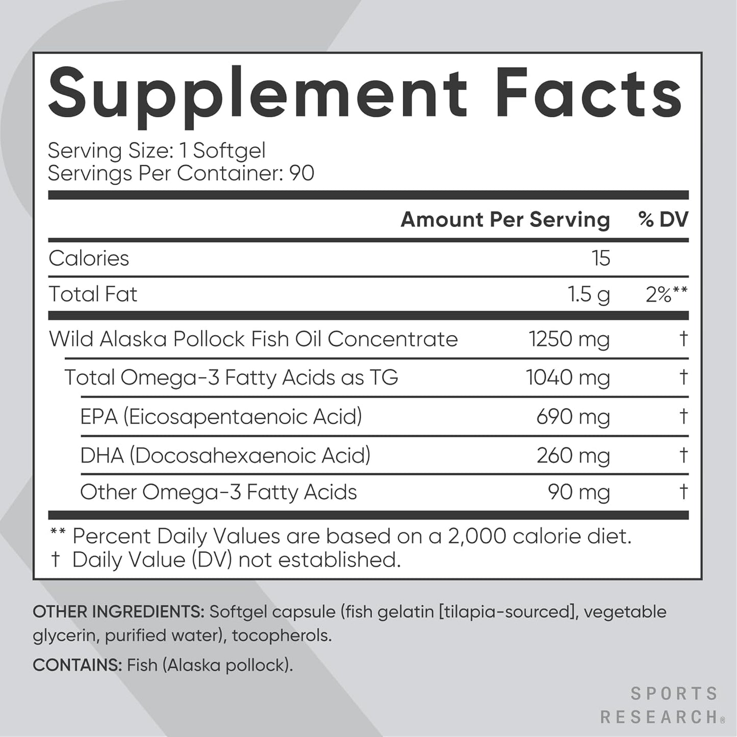 Sports Research Triple Strength Omega 3 Fish Oil - Burpless Fish Oil Supplement W/Epa & DHA Fatty Acids from Single-Source Wild Alaska Pollock - 1250 Mg, 90 Ct