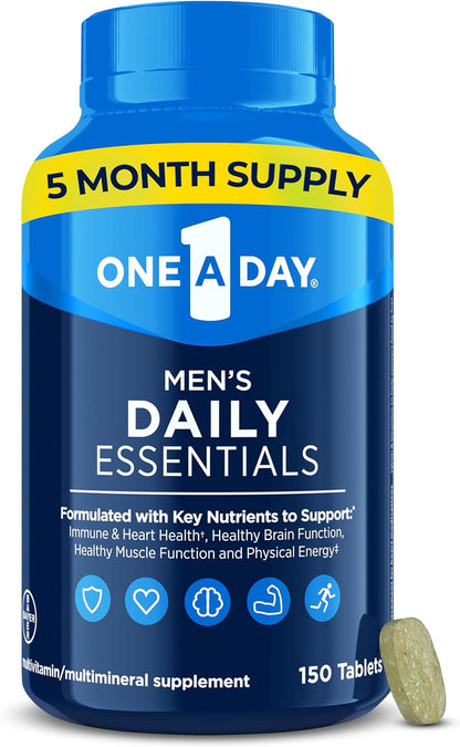 One-A-Day Men’s Multivitamin Daily Essentials, Multivitamin for Men Tablet, Supports Healthy Muscle Function, Physical Energy, and Immune Health with Vitamin B12, Vitamin C, and Zinc, 150 Count​