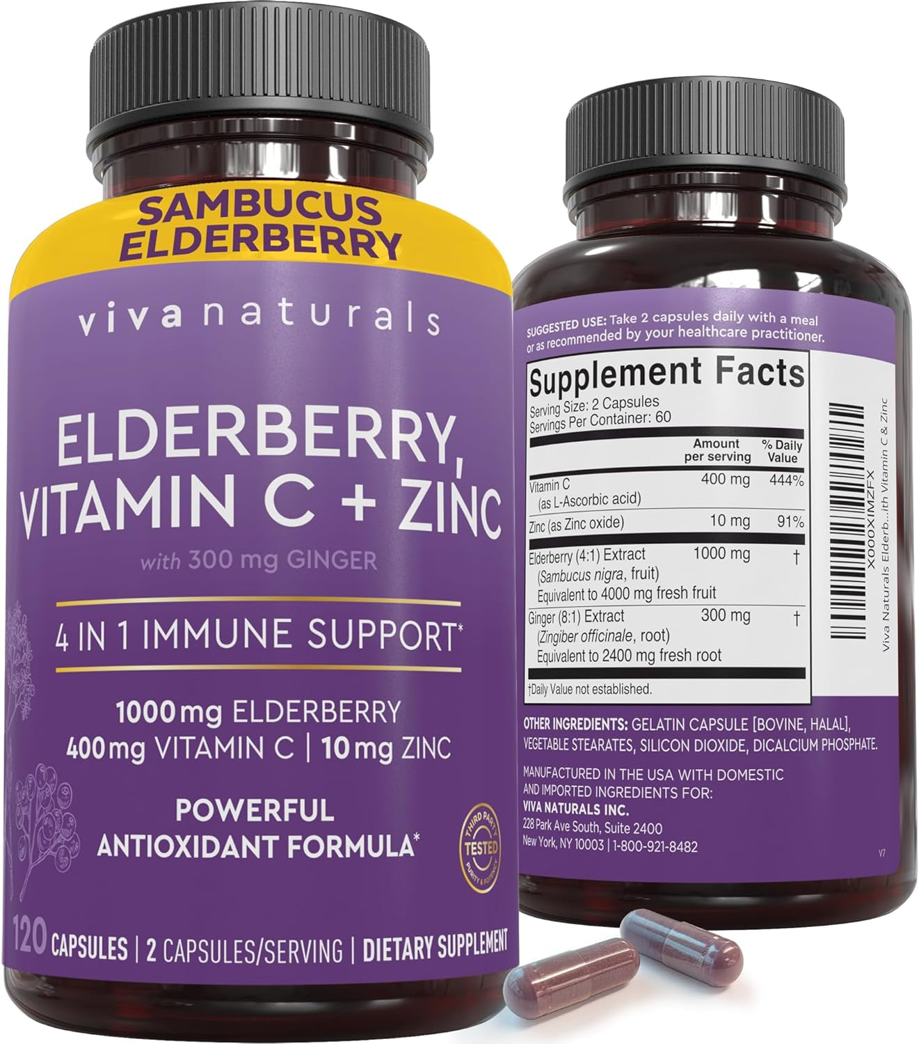 Viva Naturals Elderberry with Vitamin C and Zinc for Adults - 5 in 1 Sambucus Black Elderberry Capsules with Vitamin D3 5000 IU, Elderberries Immune Support Supplement 2 Months Supply Pills