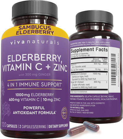 Viva Naturals Elderberry with Vitamin C and Zinc for Adults - 5 in 1 Sambucus Black Elderberry Capsules with Vitamin D3 5000 IU, Elderberries Immune Support Supplement 2 Months Supply Pills