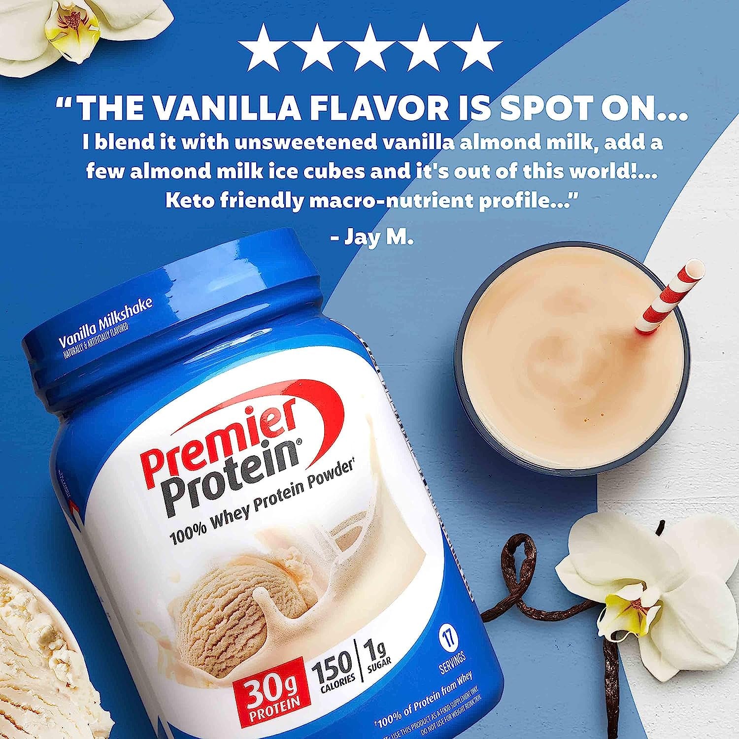 Premier Protein Powder, Vanilla Milkshake, 30G Protein, 1G Sugar, 100% Whey Protein, Keto Friendly, No Soy Ingredients, Gluten Free, 17 Servings, 23.3 Ounces