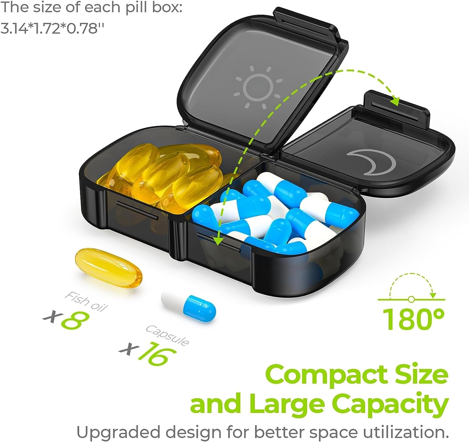 AUVON XL Weekly Pill Organizer 2 Times a Day, Pill Box 7 Day with One-Side Large Opening Design for Easy Filling, Black Privacy Protection AM PM Pill Case for Medication/Vitamins/Fish Oils/Supplements