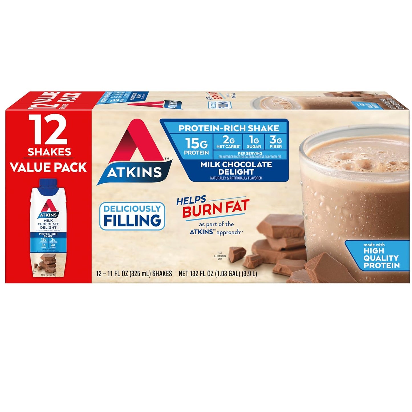 Atkins Protein Shake, 15G Protein, Low Glycemic, 2G Net Carb, 1G Sugar, Keto Friendly, 12 Count