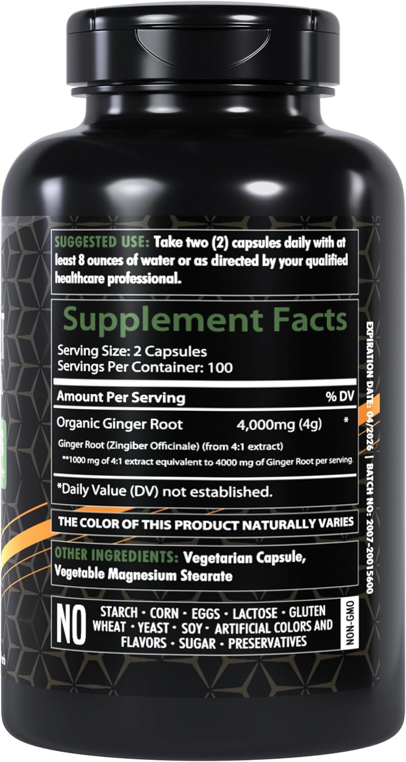 Ginger Root Capsules 4000Mg | 200 Count | Ultra Strength Supplement | Gluten-Free & Non-Gmo