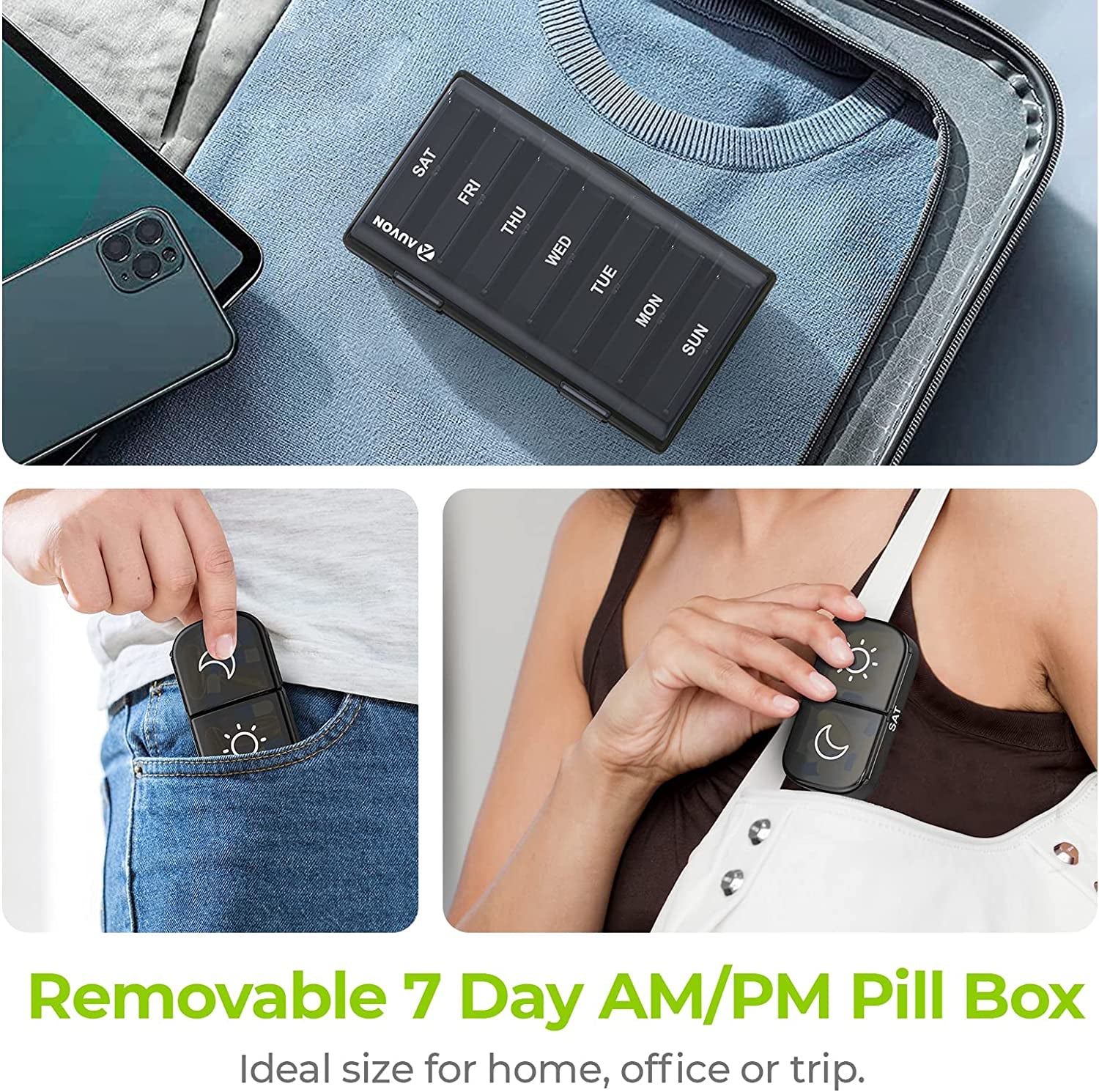 AUVON XL Weekly Pill Organizer 2 Times a Day, Pill Box 7 Day with One-Side Large Opening Design for Easy Filling, Black Privacy Protection AM PM Pill Case for Medication/Vitamins/Fish Oils/Supplements