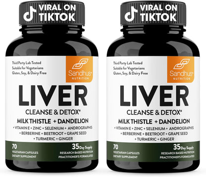 Sandhu's Liver Renew Cleanse Detox, Repair & Support |70 Capsules| 1 Month+ Supply (Pack of 1)| Herbal Supplement for Liver Health| Milk Thistle Dandelion Root with 9 Minerals