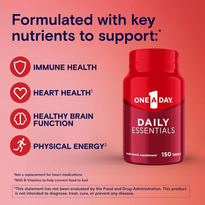 One-A-Day Daily Essentials, Multivitamin for Women & Men, Supports Healthy Brain and Muscle Function and Immune Health, Adult Multivitamin with Vitamin D, Vitamin B12, and Vitamin E, 150 Count​