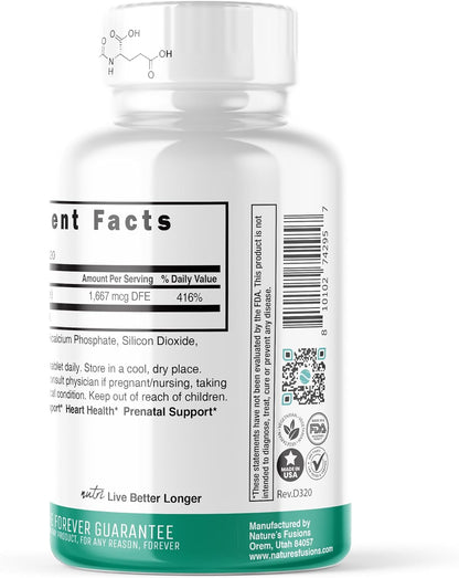 Nutri 5-MTHF L Methylfolate 1MG - 4 Month Supply, 120 Vegan Tablets - Methylated Folate Supplement - Cognitive Function, Heart Health, Prenatal Support - Methylated Folic Acid, MTHFR Supplement