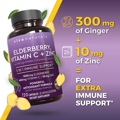 Viva Naturals Elderberry with Vitamin C and Zinc for Adults - 5 in 1 Sambucus Black Elderberry Capsules with Vitamin D3 5000 IU, Elderberries Immune Support Supplement 2 Months Supply Pills