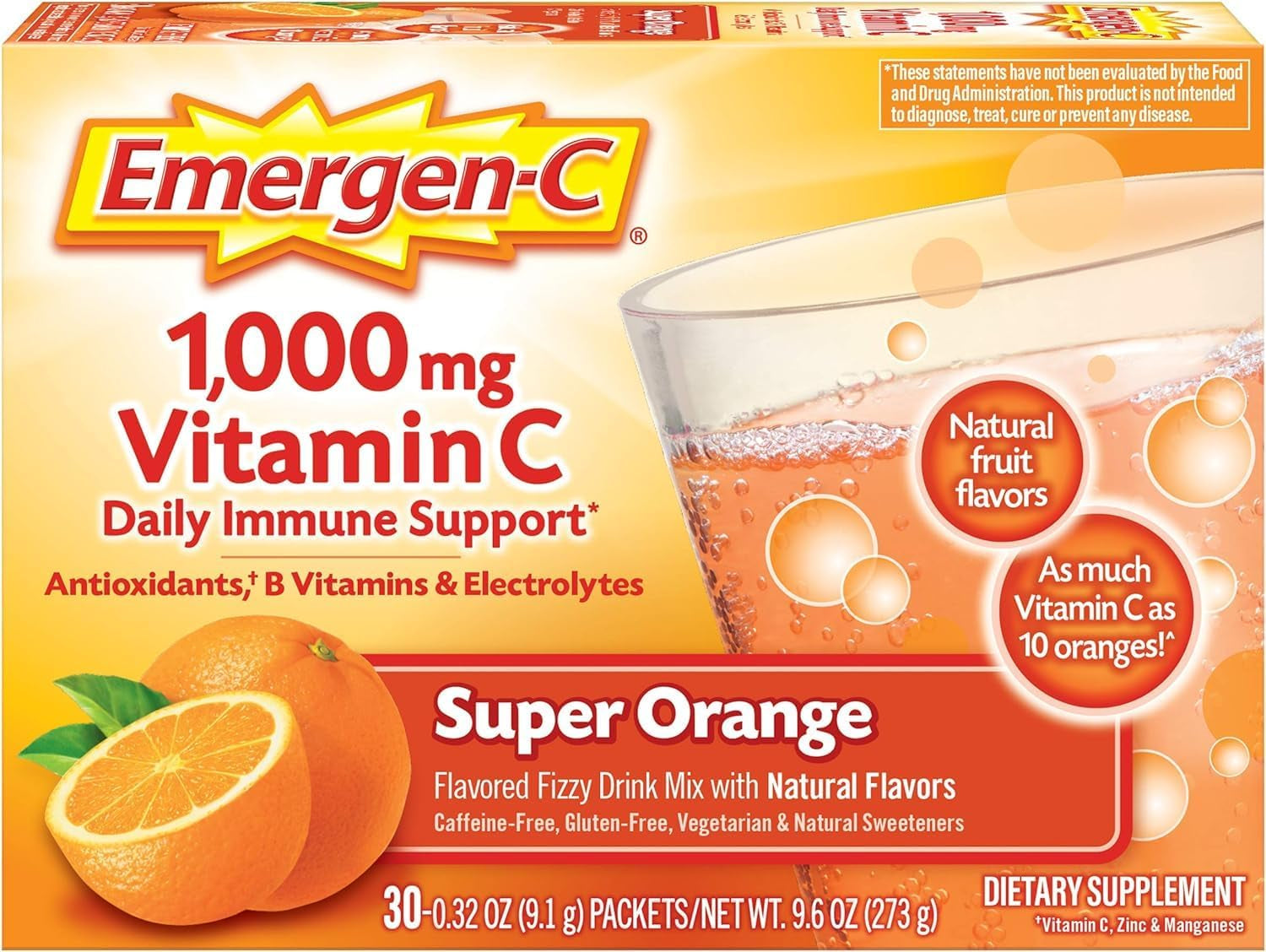 Emergen-C 1000Mg Vitamin C Powder, with Antioxidants, B Vitamins and Electrolytes, Vitamin C Supplements for Immune Support, Caffeine Free Fizzy Drink Mix, Tangerine Flavor