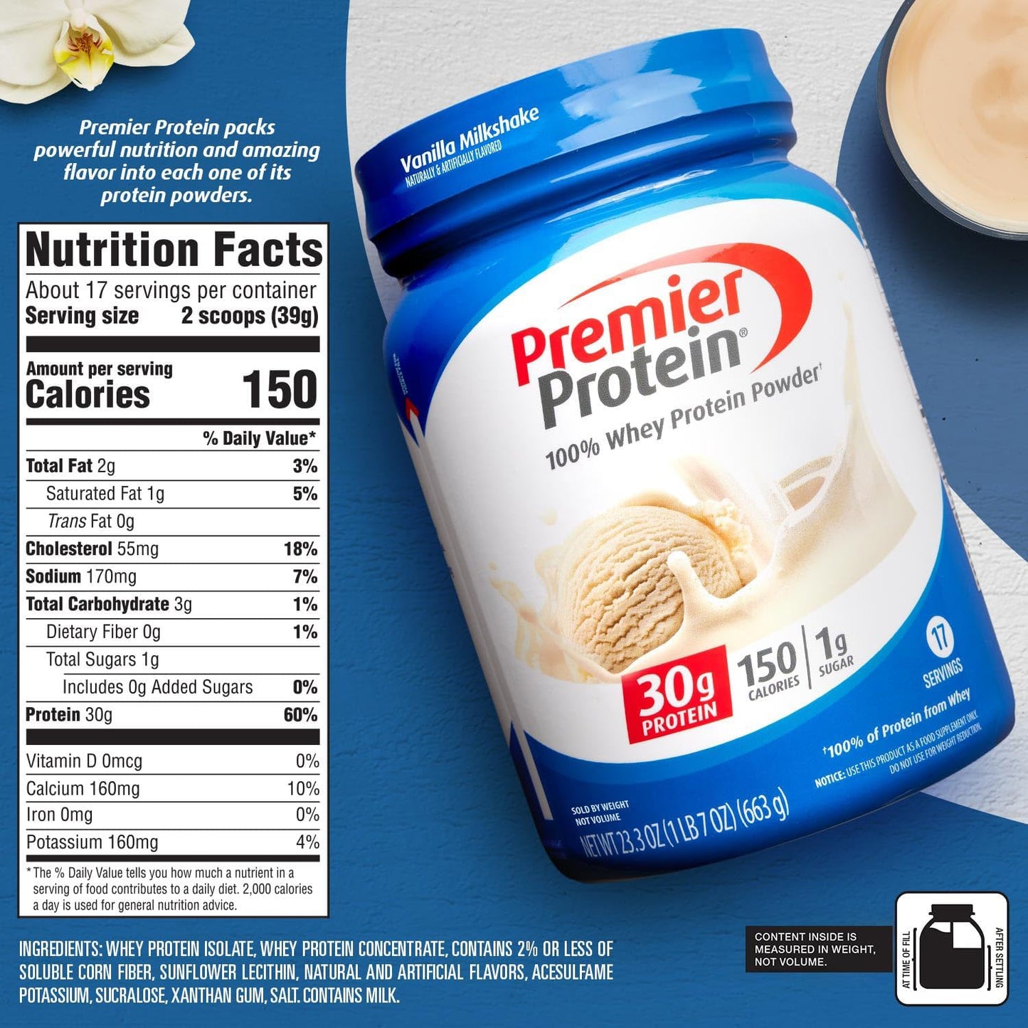 Premier Protein Powder, Vanilla Milkshake, 30G Protein, 1G Sugar, 100% Whey Protein, Keto Friendly, No Soy Ingredients, Gluten Free, 17 Servings, 23.3 Ounces