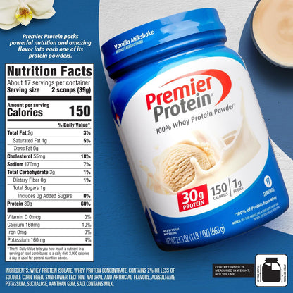 Premier Protein Powder, Vanilla Milkshake, 30G Protein, 1G Sugar, 100% Whey Protein, Keto Friendly, No Soy Ingredients, Gluten Free, 17 Servings, 23.3 Ounces