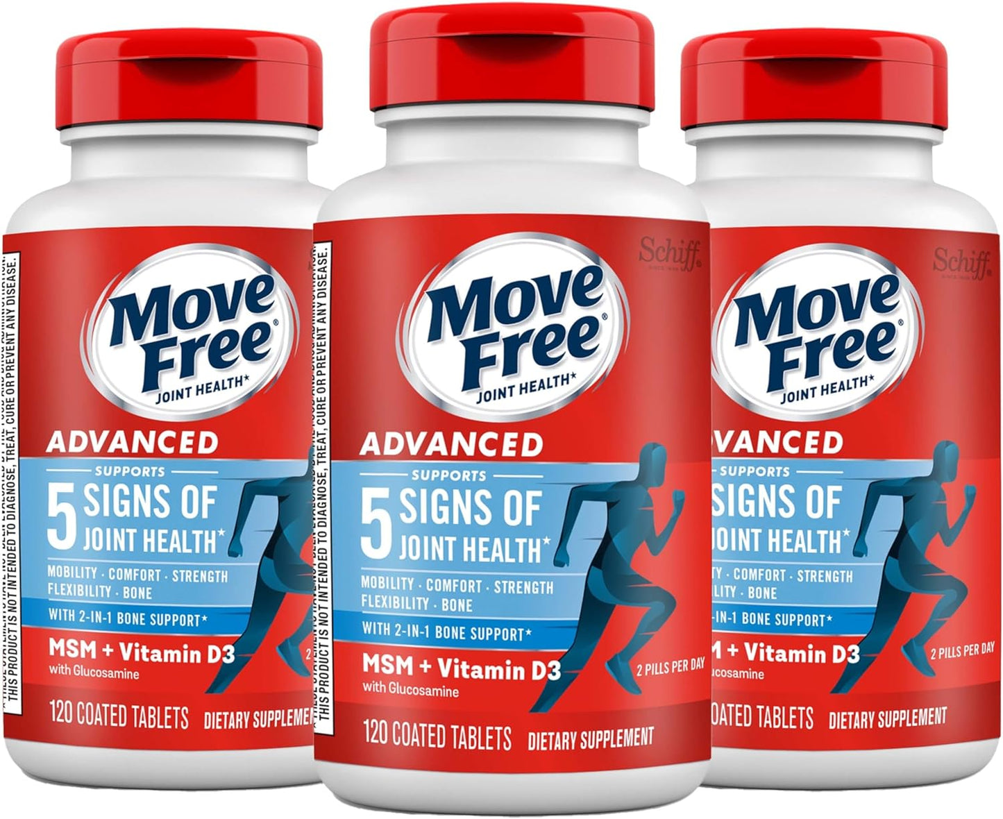 Move Free Advanced Glucosamine Chondroitin MSM + Vitamin D3 Joint Support Supplement, Supports Mobility Comfort Strength Flexibility & Bone + Immune Health - 120 Tablets (60 Servings)*