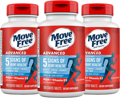 Move Free Advanced Glucosamine Chondroitin MSM + Vitamin D3 Joint Support Supplement, Supports Mobility Comfort Strength Flexibility & Bone + Immune Health - 120 Tablets (60 Servings)*