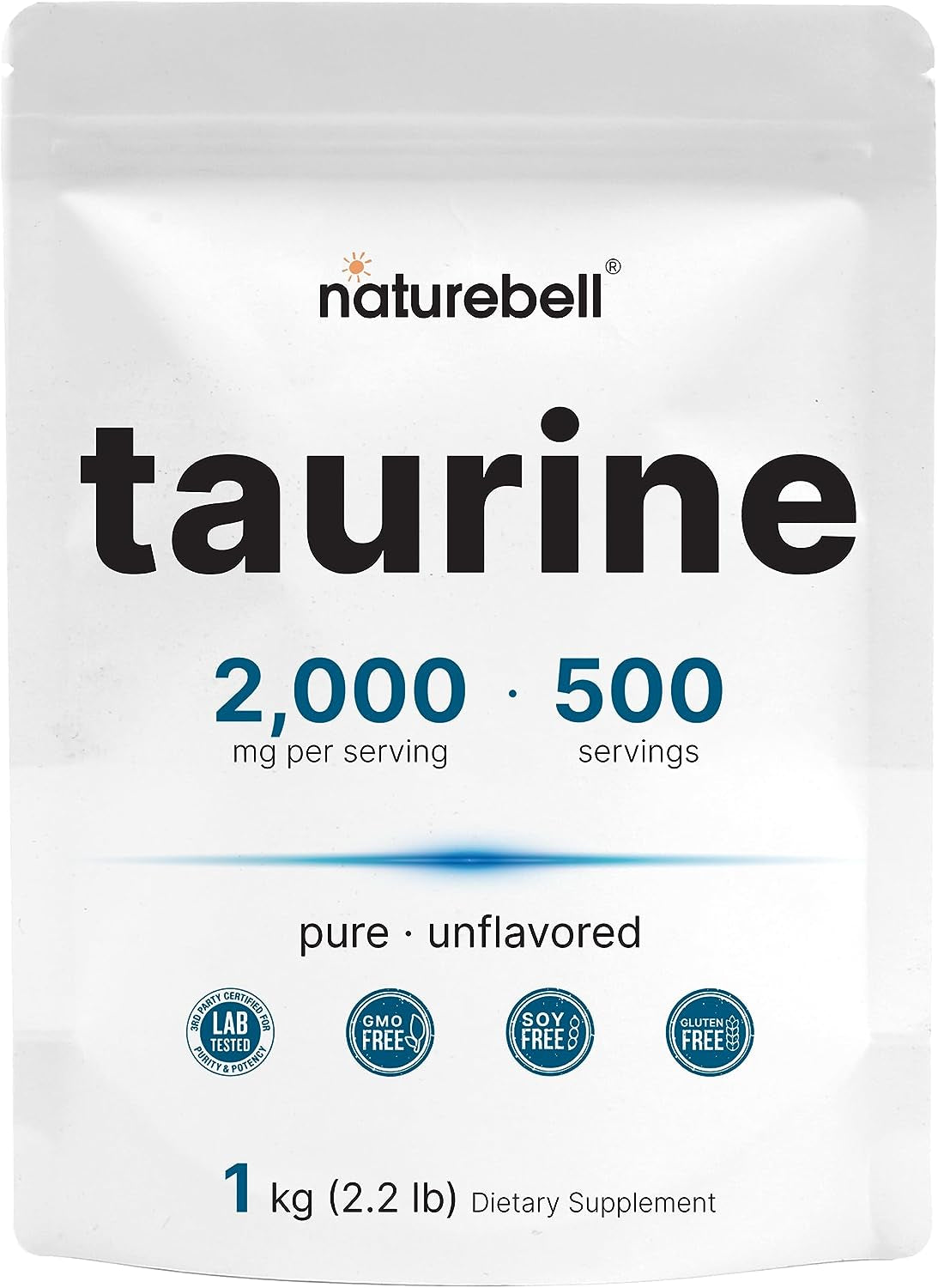 Naturebell Pure Taurine Powder, 2.2LBS(1KG), 2000Mg per Serving| L-Taurine Supplement, Essential Amino Acids, Bioavailable Free Form|Heart Health Supplement, Gluten-Free, Pet Friendly