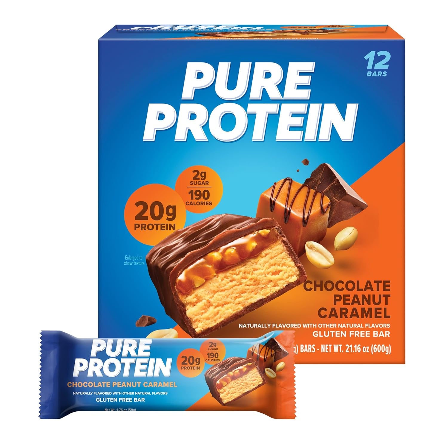 Pure Protein Bars, High Protein, Nutritious Snacks to Support Energy, Low Sugar, Gluten Free, Chocolate Peanut Caramel, 1.76Oz, 12 Count (Pack of 1) (Packaging May Vary)