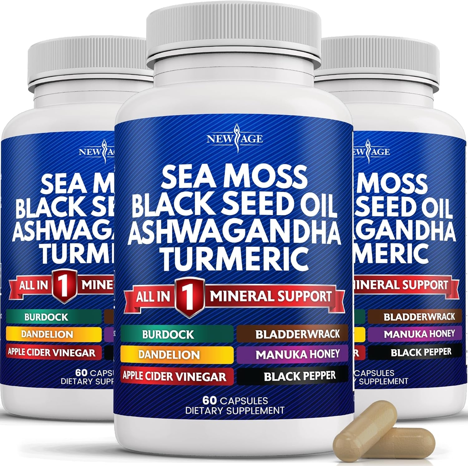 Silica Sea Moss 3000Mg Black Seed Oil 2000Mg Ashwagandha 1000Mg Turmeric 1000Mg Bladderwrack 1000Mg Burdock 1000Mg- with Manuka, Honey Dandelion, ACV Black Pepper Gluten Free