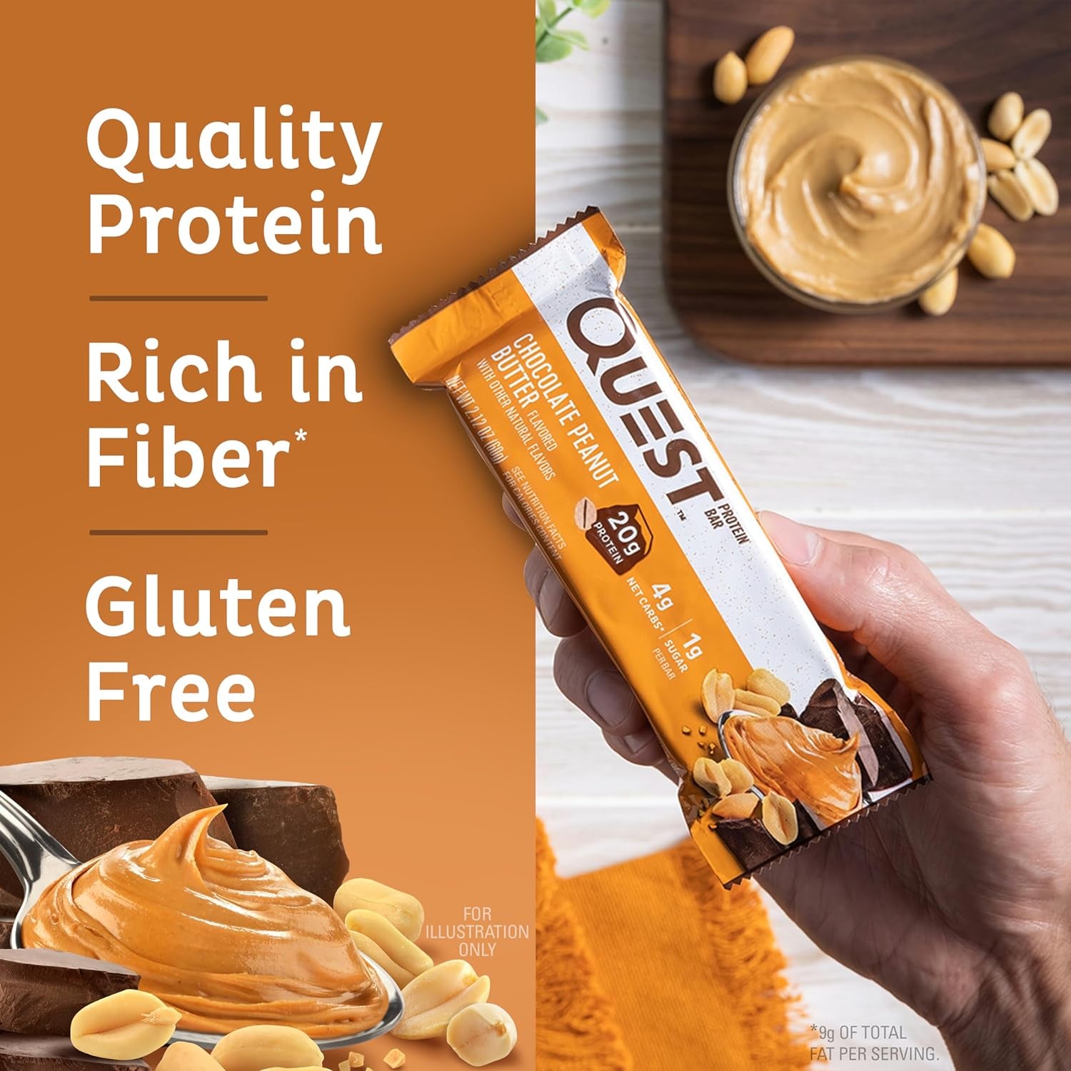 Quest Nutrition Chocolate Peanut Butter Bars, High Protein, Low Carb, Gluten Free, Keto Friendly