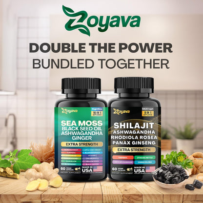 Zoyava Dynamic Vitality Bundle, Sea Moss and Shilajit Bundle, Sea Moss 7000Mg, Black Seed Oil 4000Mg, Ashwagandha 2000Mg, Ginger & Shilajit 9000Mg, Rhodiola Rosea 1000Mg, Panax Ginseng