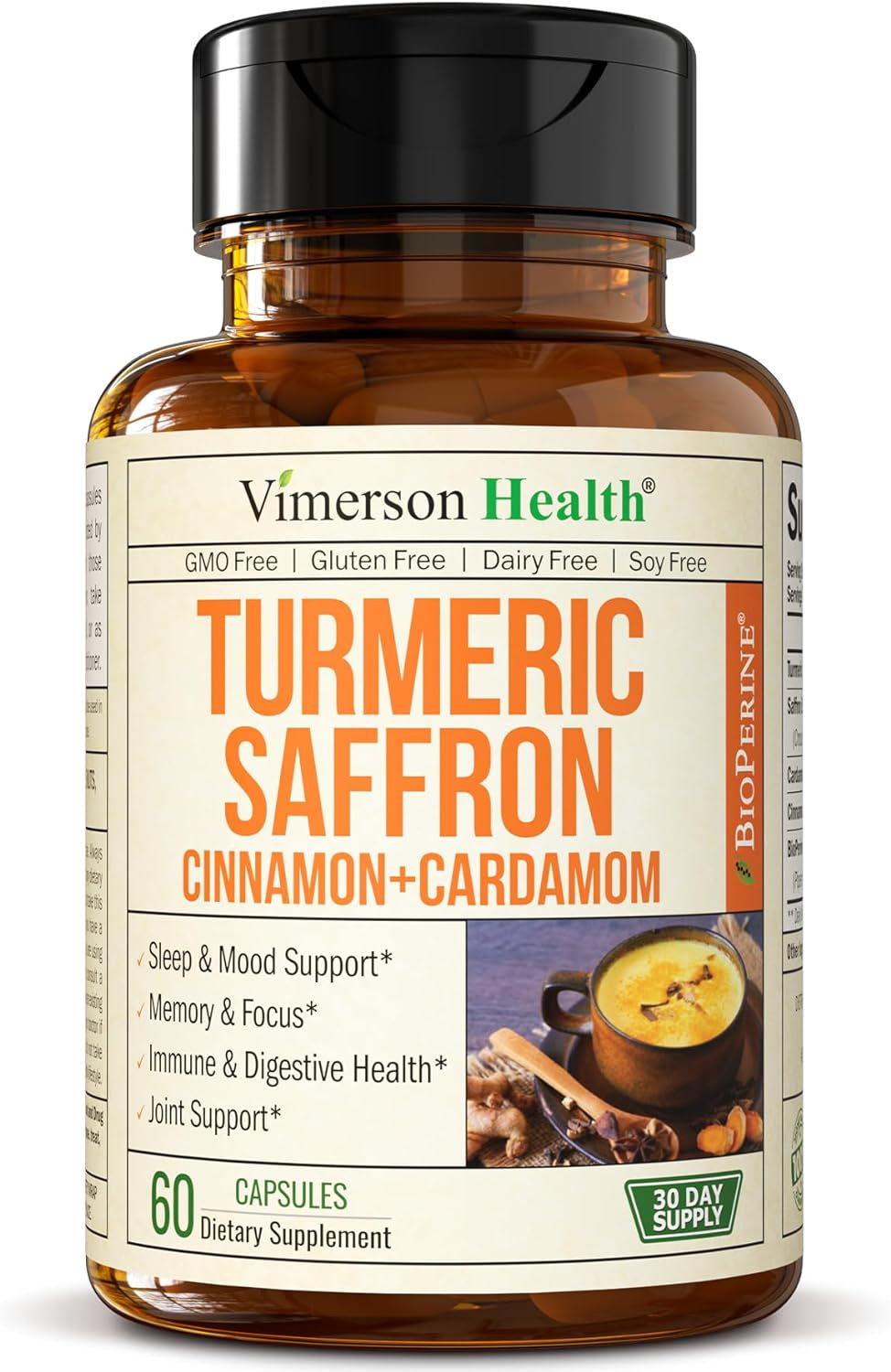 Turmeric Saffron Supplements with Cinnamon Powder & Cardamom - Antioxidant Joint Support Supplement Contains Turmeric Curcumin with Black Pepper for Mood, Memory, Eye Health & Well-Being - 60 Capsules