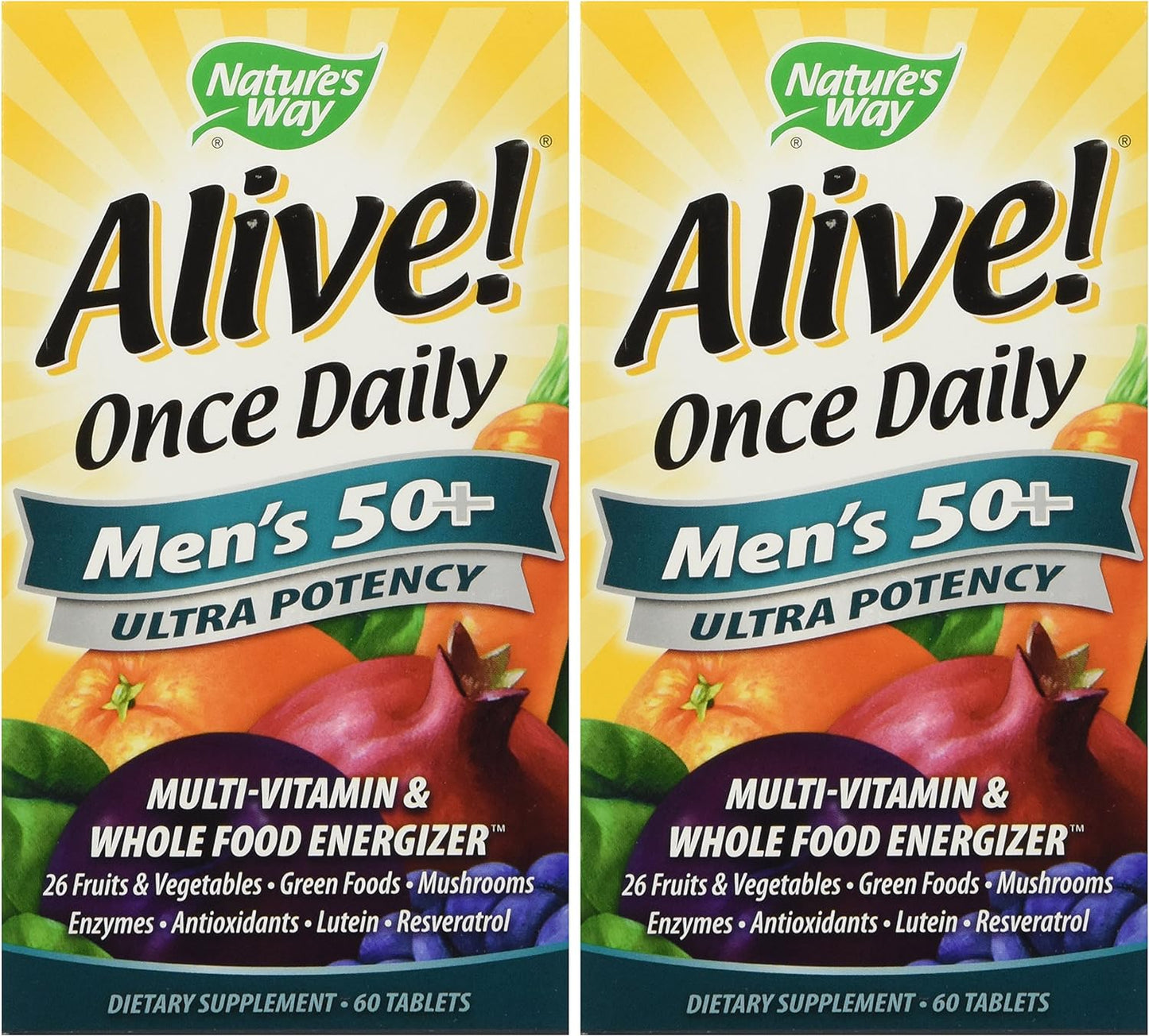 Nature's Way Alive! Once Daily Men's 50+ Multivitamin, Ultra Potency, Food-Based Blends (291Mg per Serving), 60 Tablets, Pack of 2