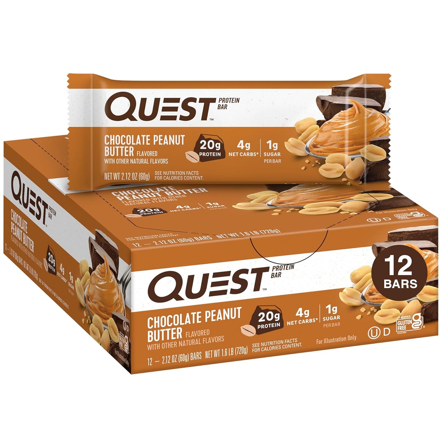 Quest Nutrition Chocolate Peanut Butter Bars, High Protein, Low Carb, Gluten Free, Keto Friendly