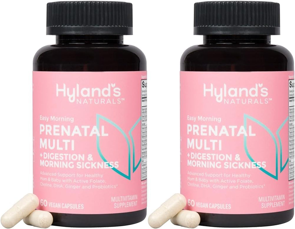 Hyland's Easy Morning Prenatal Multivitamin + Digestive Health & Morning Sickness Relief - 60 Vegan Capsules - with Folate, Choline, Zinc, Ginger Root, Prebiotics and Algae DHA