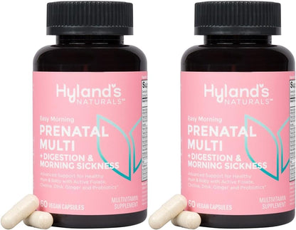 Hyland's Easy Morning Prenatal Multivitamin + Digestive Health & Morning Sickness Relief - 60 Vegan Capsules - with Folate, Choline, Zinc, Ginger Root, Prebiotics and Algae DHA