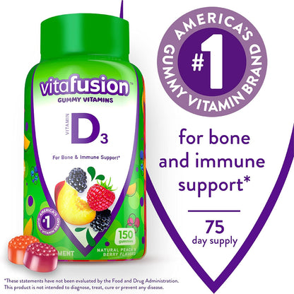 Vitafusion Vitamin D3 Gummy Vitamins for Bone and Immune System Support, Peach, Blackberry and Strawberry Flavored, 50 Mcg Vitamin D, 75 