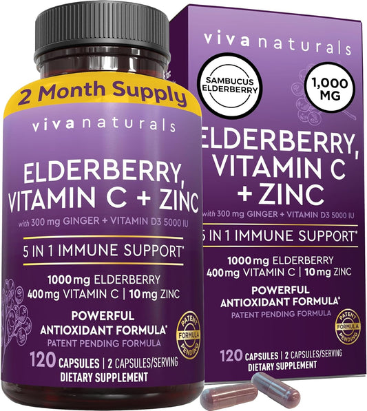 Viva Naturals Elderberry with Vitamin C and Zinc for Adults - 5 in 1 Sambucus Black Elderberry Capsules with Vitamin D3 5000 IU, Elderberries Immune Support Supplement 2 Months Supply Pills