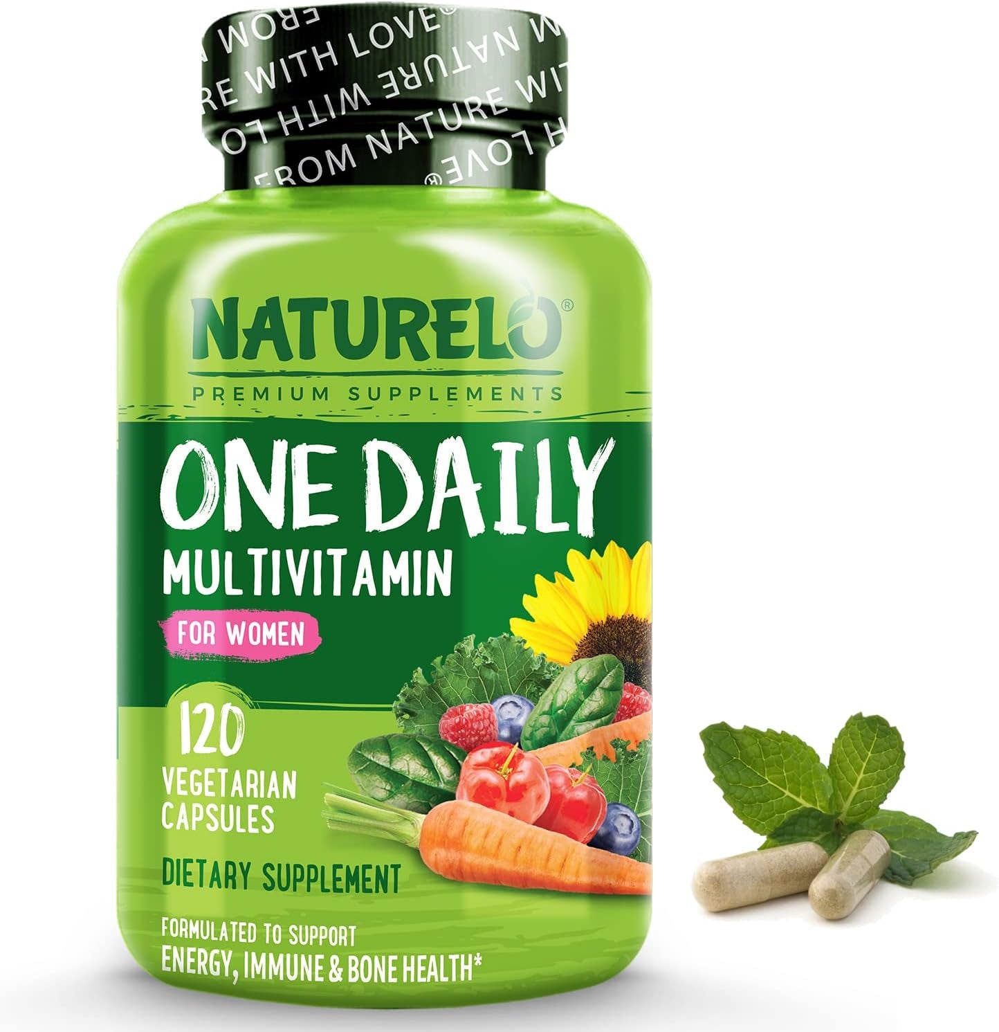 NATURELO One Daily Multivitamin for Women - Energy Support - Whole Food Supplement to Nourish Hair, Skin, Nails - Non-Gmo - No Soy - Gluten Free