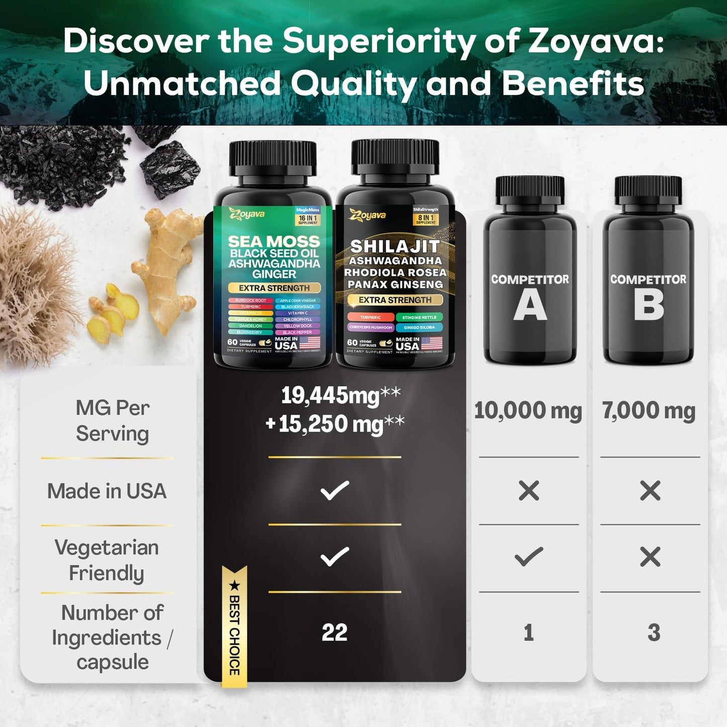 Zoyava Dynamic Vitality Bundle, Sea Moss and Shilajit Bundle, Sea Moss 7000Mg, Black Seed Oil 4000Mg, Ashwagandha 2000Mg, Ginger & Shilajit 9000Mg, Rhodiola Rosea 1000Mg, Panax Ginseng