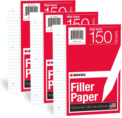 Kaisa Loose Leaf Paper Filler Paper 8X10.5 Inches, College Ruled, 3-Hole Punched for 3-Ring Binder, 150 Sheets/Pack (3 Pack) F15001C