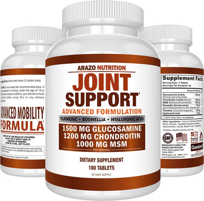 Glucosamine Chondroitin Turmeric Msm Boswellia - Joint Support Supplement for Relief 180 Tablets for Bones, Back, Knees, Hands - Arazo Nutrition