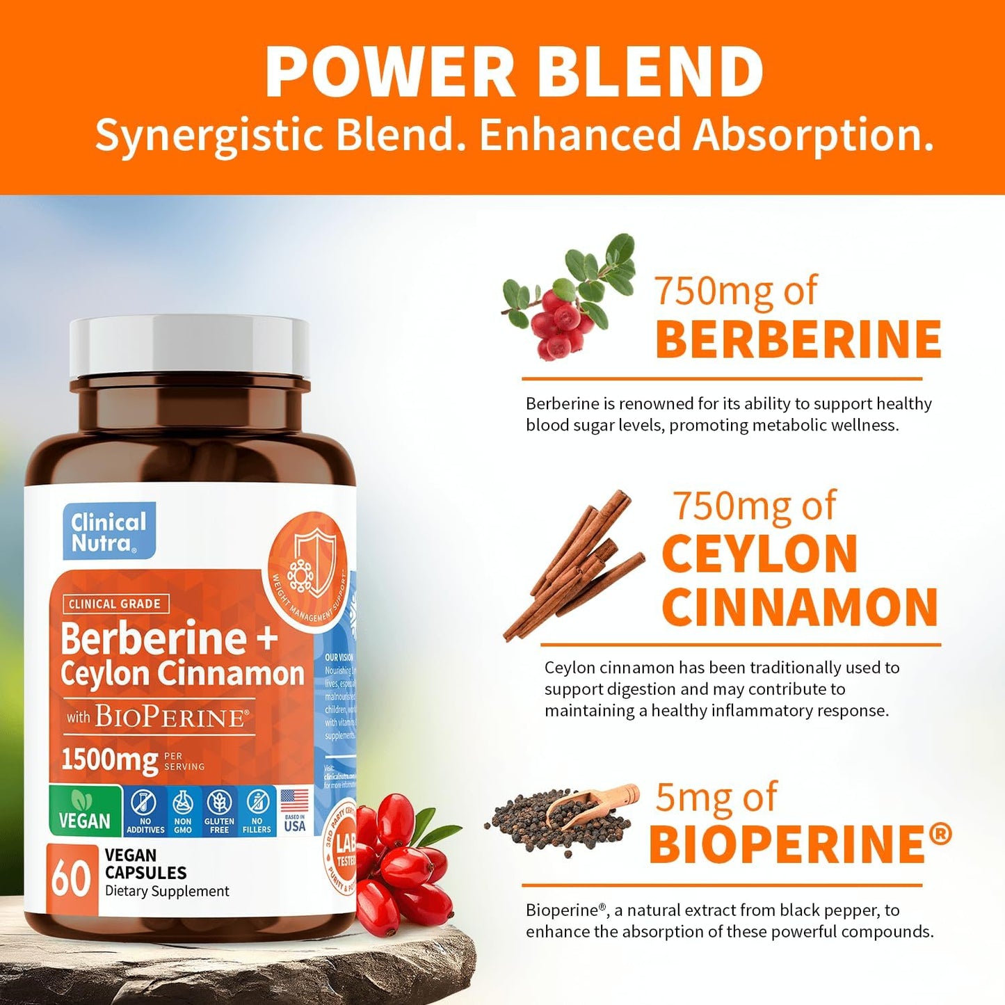 Berberine Supplement 1500Mg HCL plus Ceylon Cinnamon - 4X Strength with Bioperine