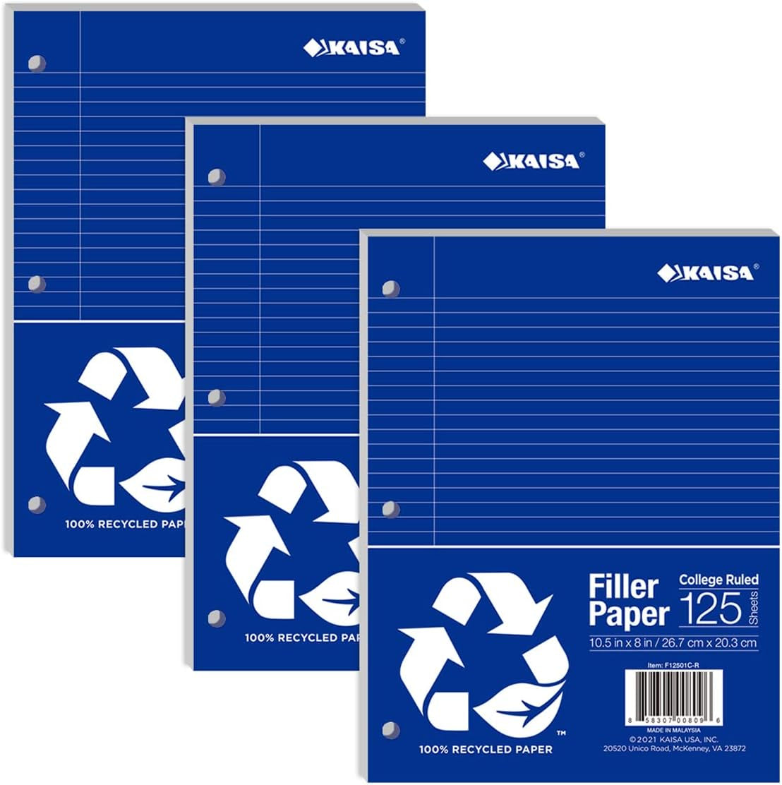 Kaisa Loose Leaf Paper Filler Paper 8X10.5 Inches, College Ruled, 3-Hole Punched for 3-Ring Binder, 150 Sheets/Pack (3 Pack) F15001C